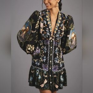 Farm Rio Black Winter Garden Long Sleeve Mini Dress Size Small